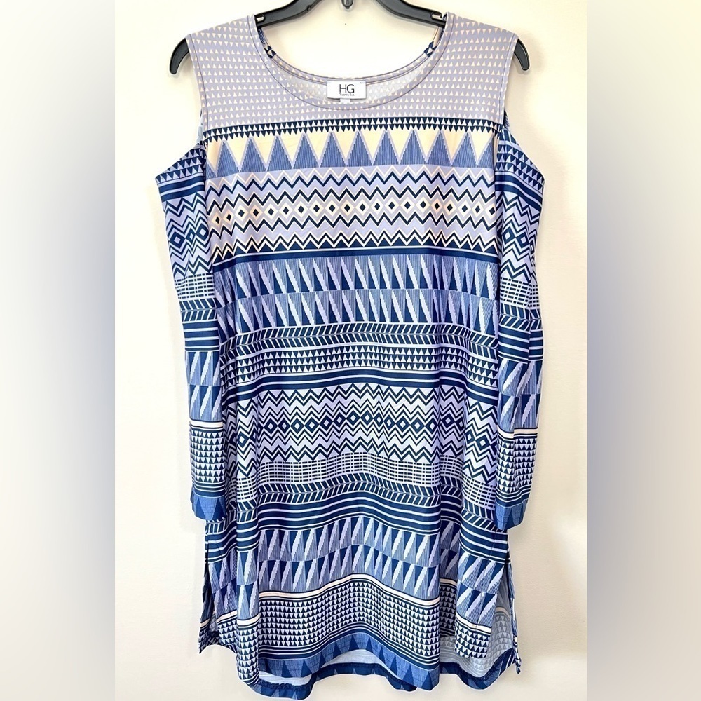 Blue Tribal Cold Shoulder Tunic
